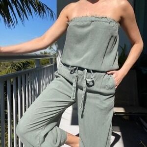 Anthropologie Strapless Cropped Jumpsuit in Sage Green
